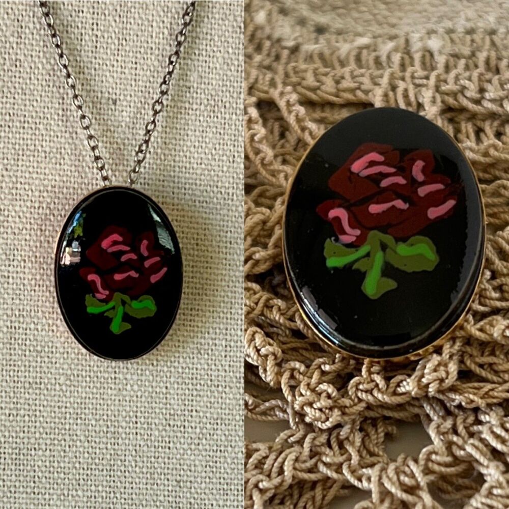 Vintage Black Porcelain Cabochon Red Rose 1" Cameo Convertible Brooch Pendant